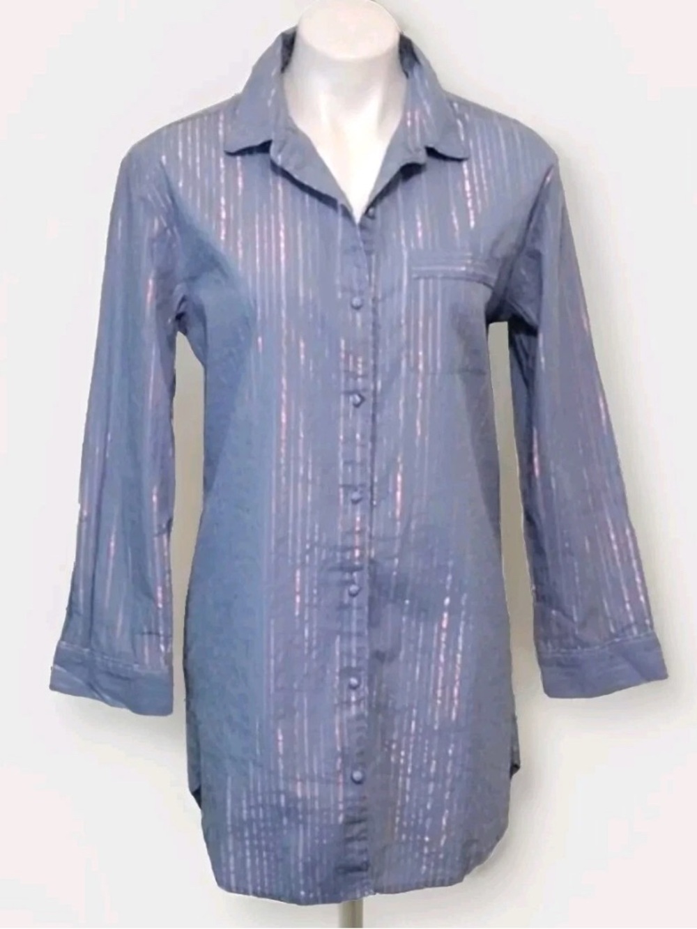 Victoria’s Secret Women Blue Sleep Shirt Button Down Night Gown Shimmer Pink M